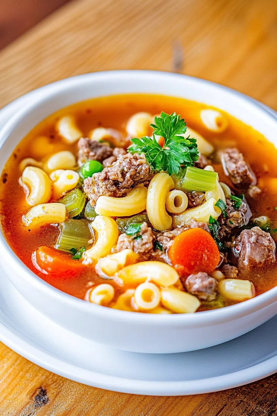 Hearty soup with elbow pasta, ground meat, and diced vegetables in a tomato-based broth.