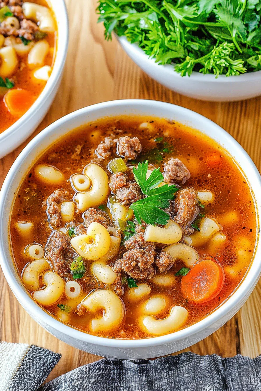 Steaming bowl of tomato-based soup with elbow pasta, ground meat, and vegetables.