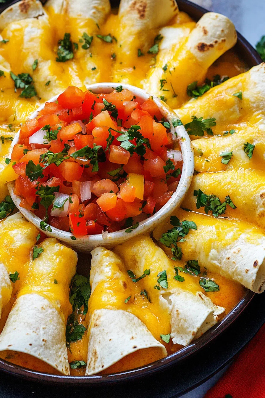 Blooming quesadilla ring served with salsa and sour cream in the center.