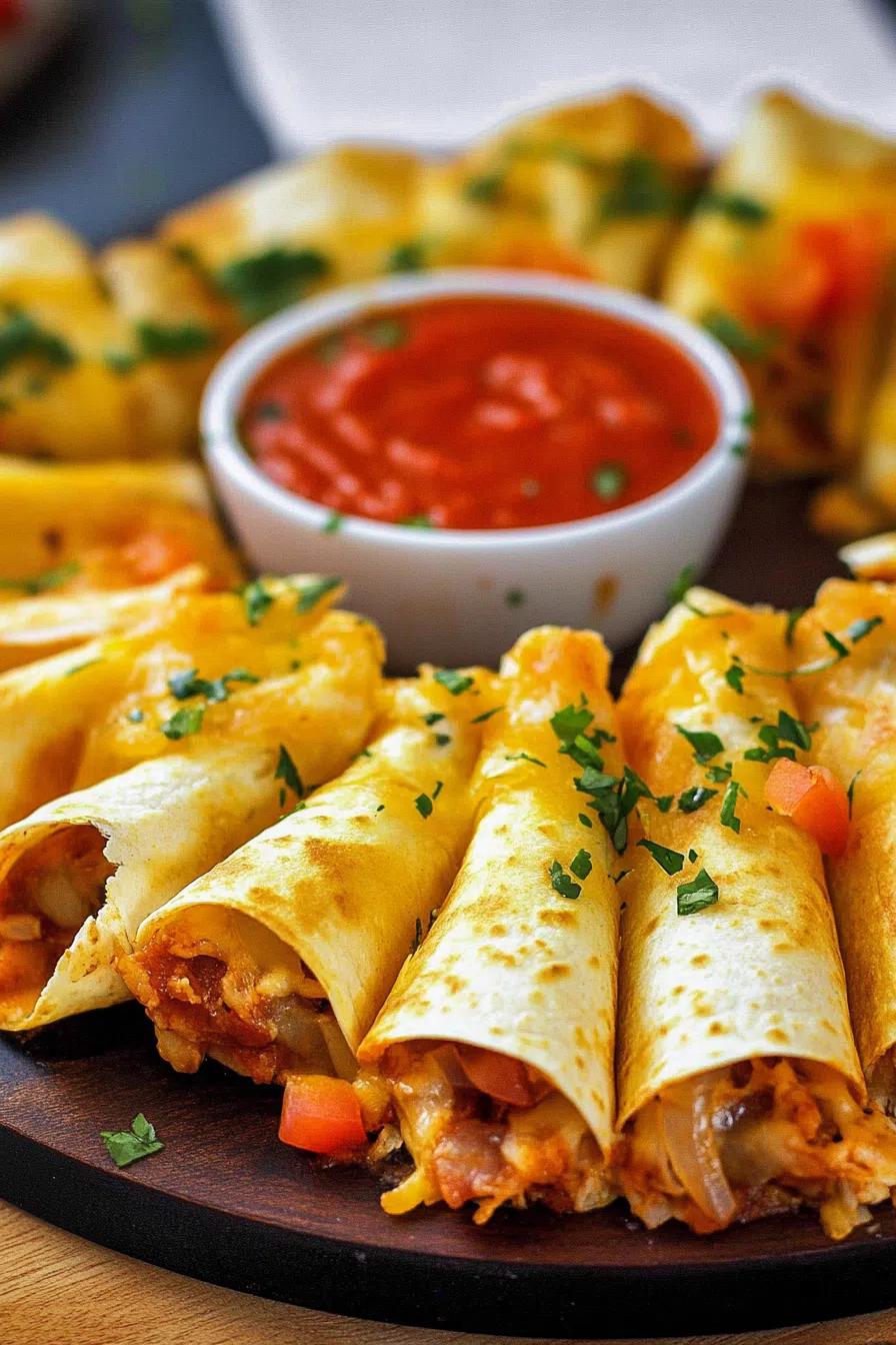 Close-up of baked tortilla pockets forming a ring around a creamy dip.