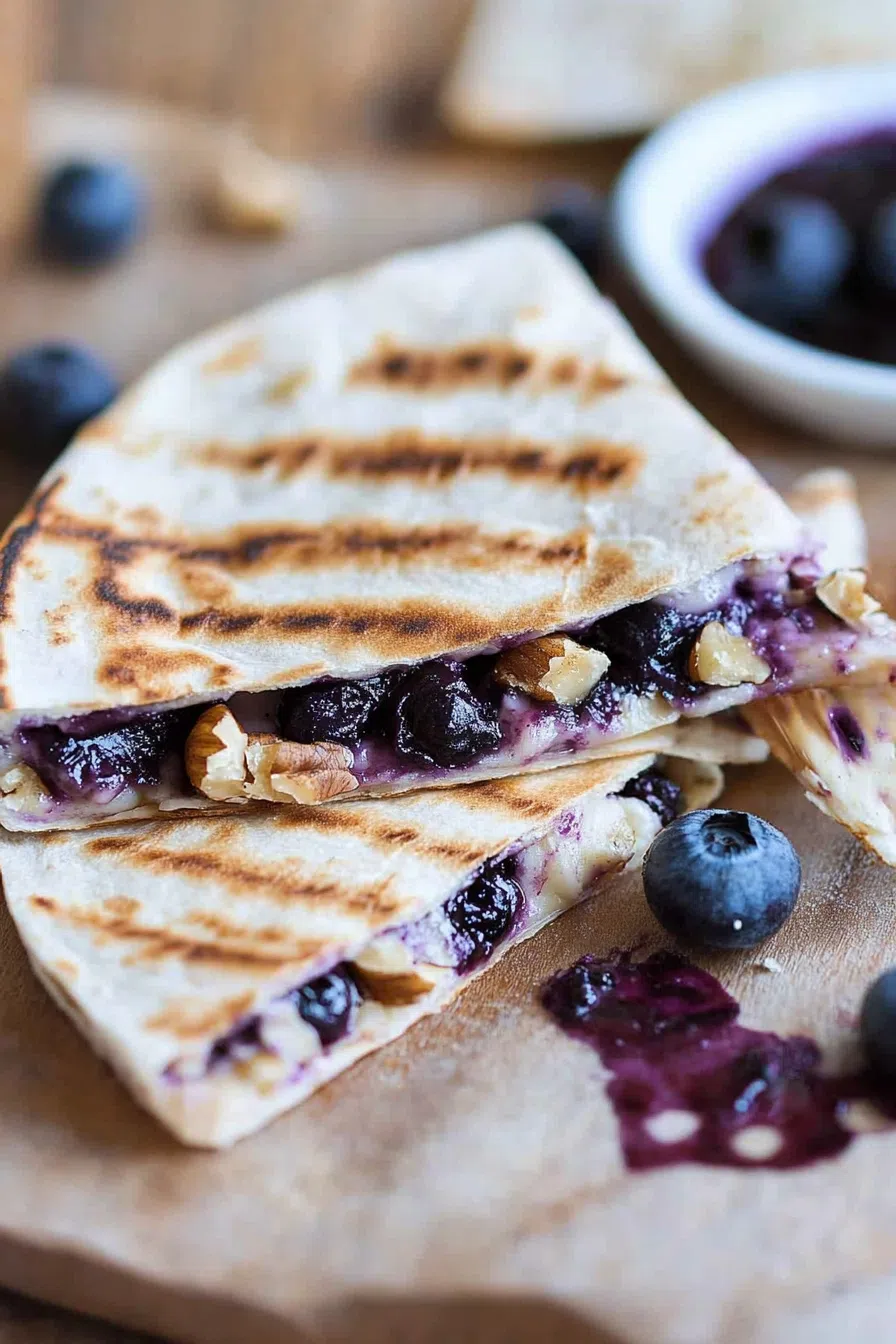 Close-up of a toasted wrap oozing with sweet berry mixture and creamy cheese.