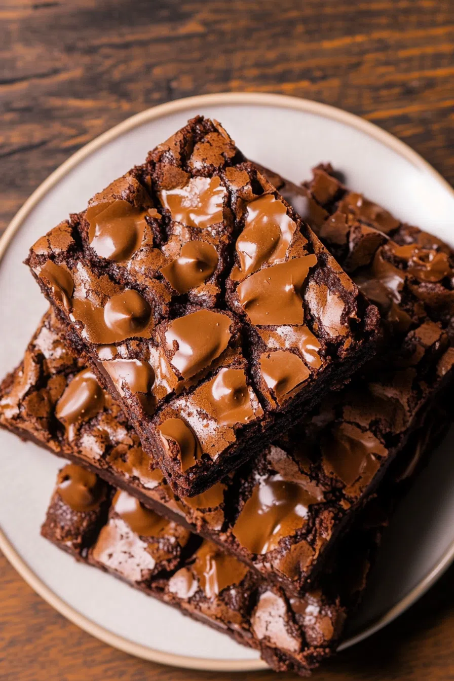 Stacked brownie-style bars on a plate with a clean, crisp edge.
