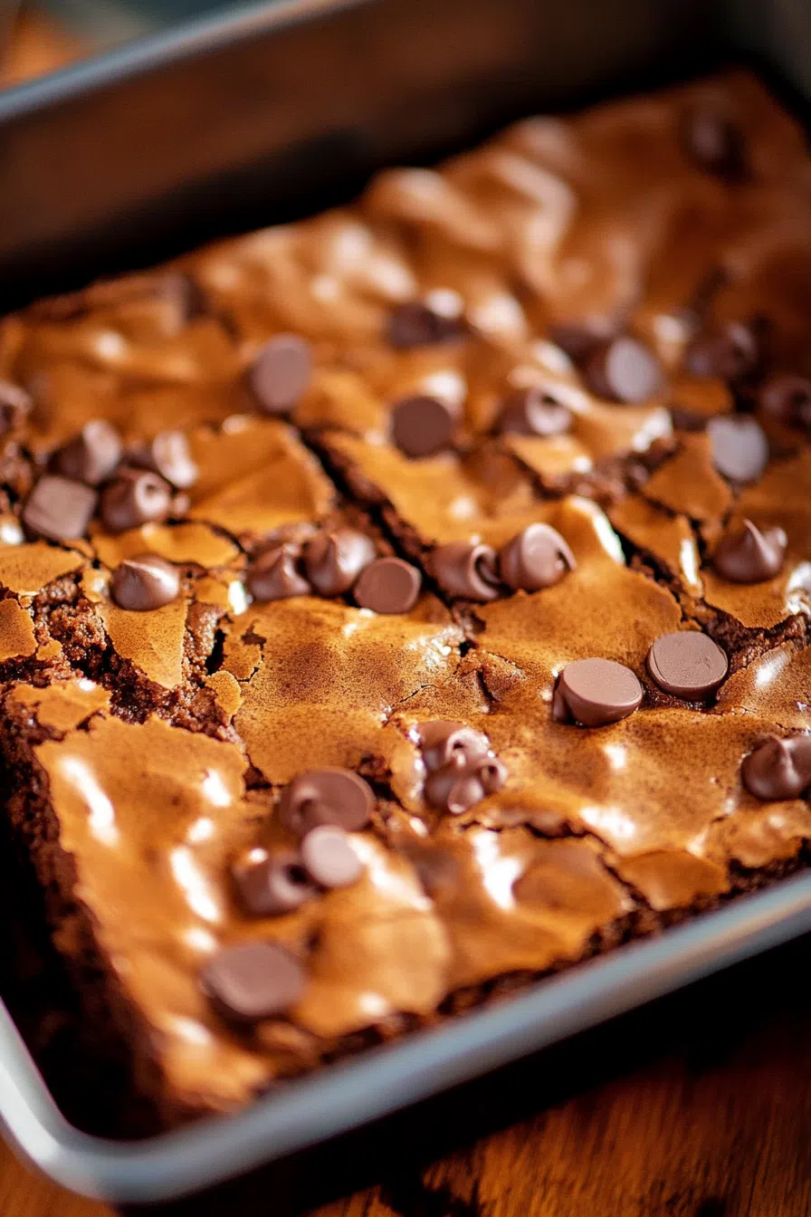 Freshly baked dessert bars with a crackly top and melted chocolate chips in a metal pan.