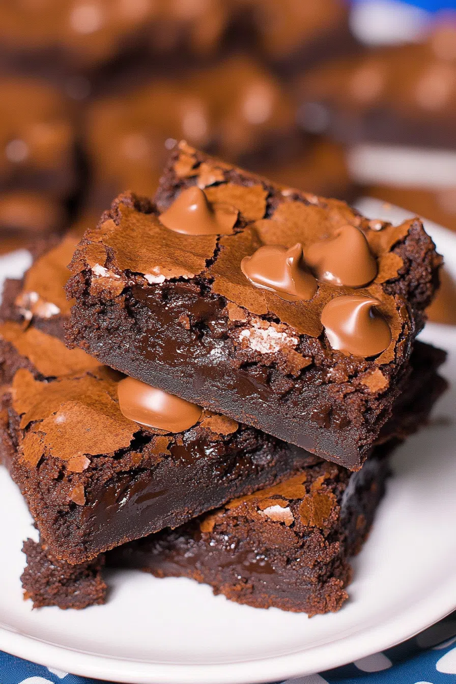 Close-up of fudgy squares with a glossy top layer