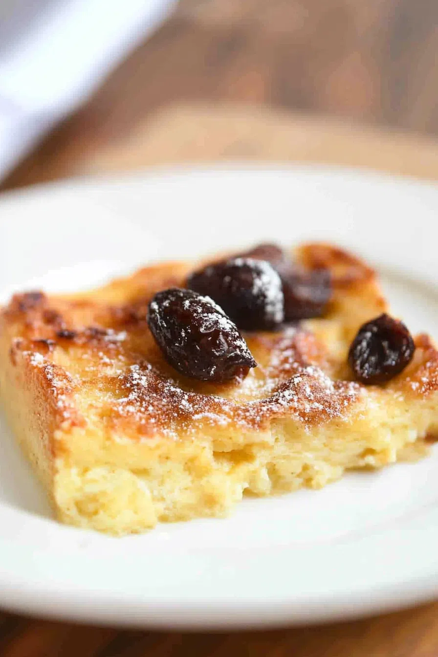 Classic comfort dessert plated and ready to serve with a drizzle of sauce.