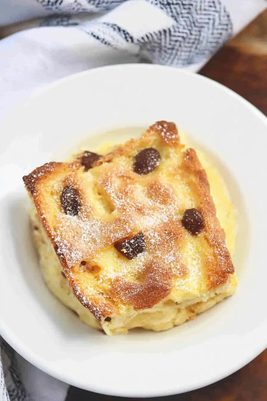 Warm, golden-baked dessert served in a white ceramic dish with a dusting of sugar.