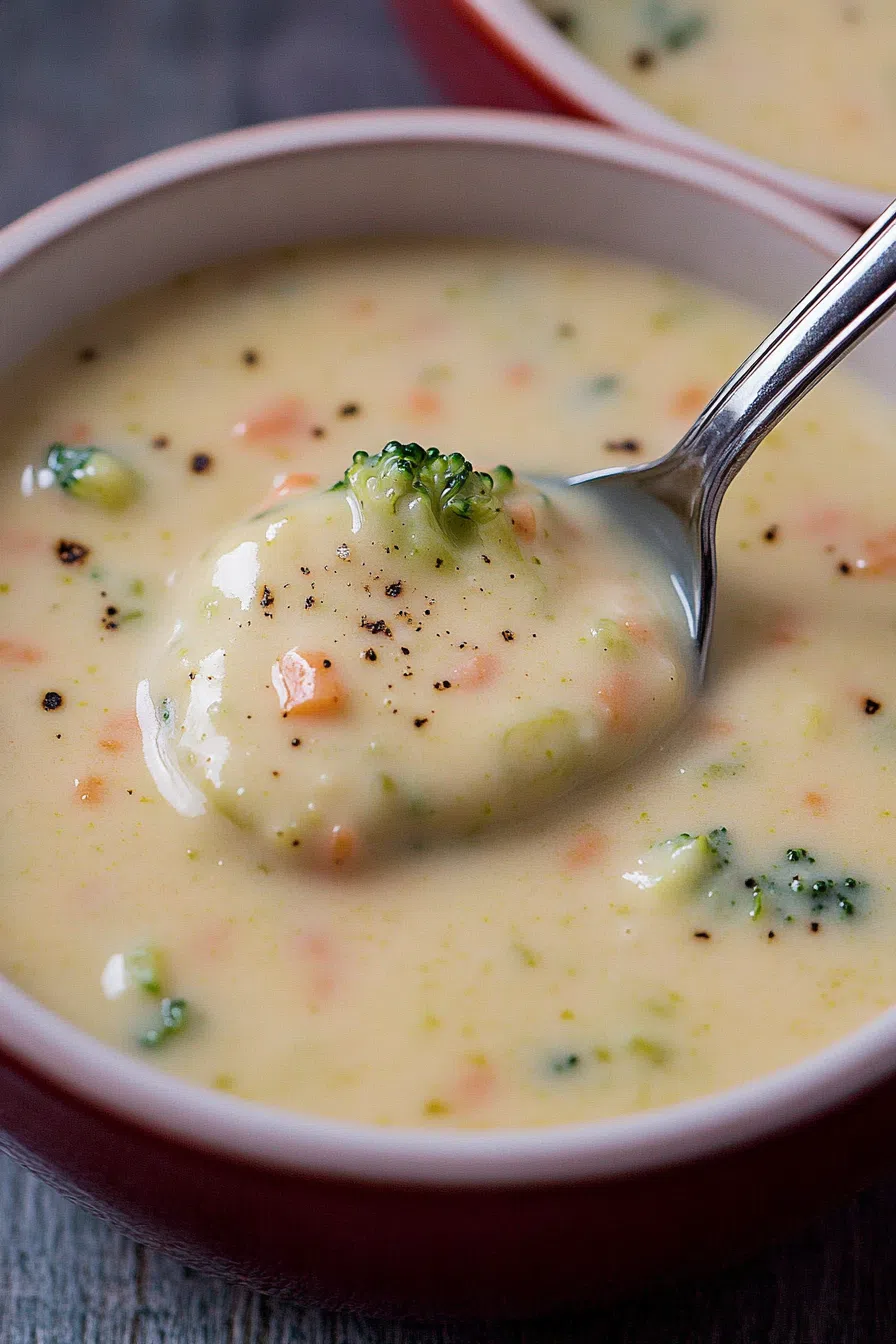 Close-up of a spoonful of rich, velvety soup with small green and white bits.