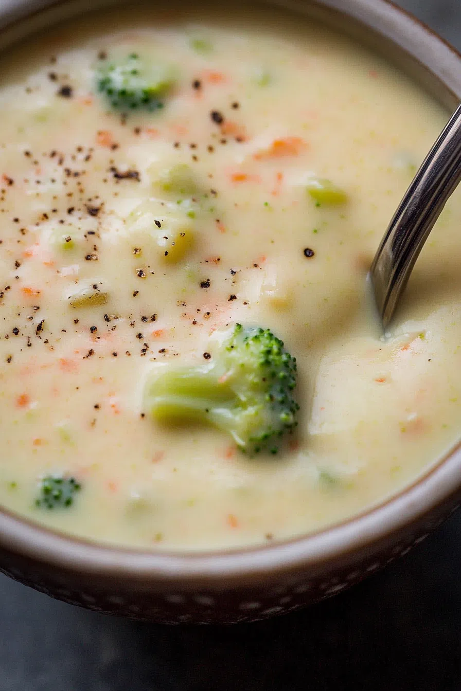 Top-down view of a thick, hearty soup with visible veggie chunks and melted cheese.