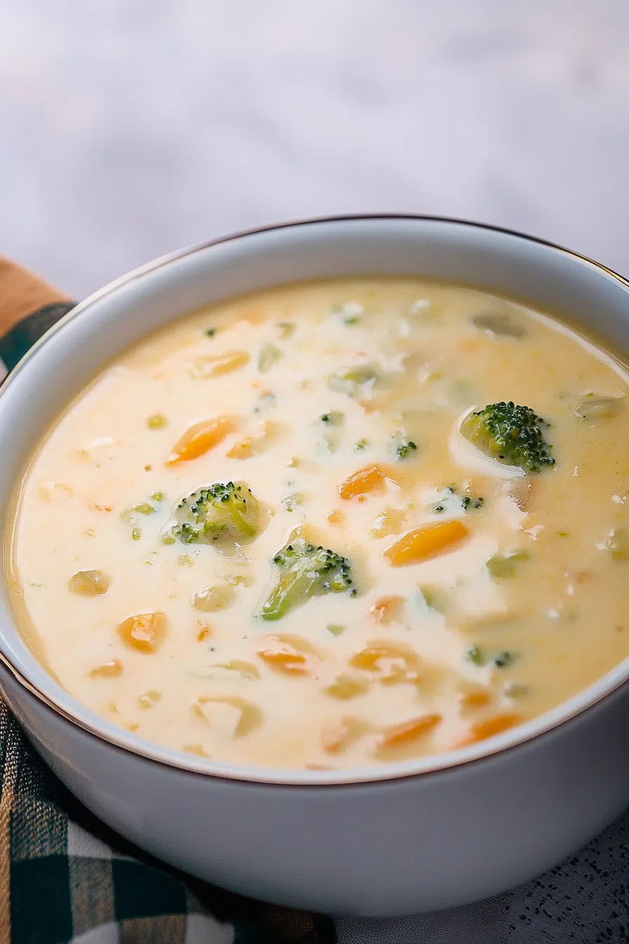 Creamy golden soup served in a white ceramic bowl, garnished with shredded cheese.