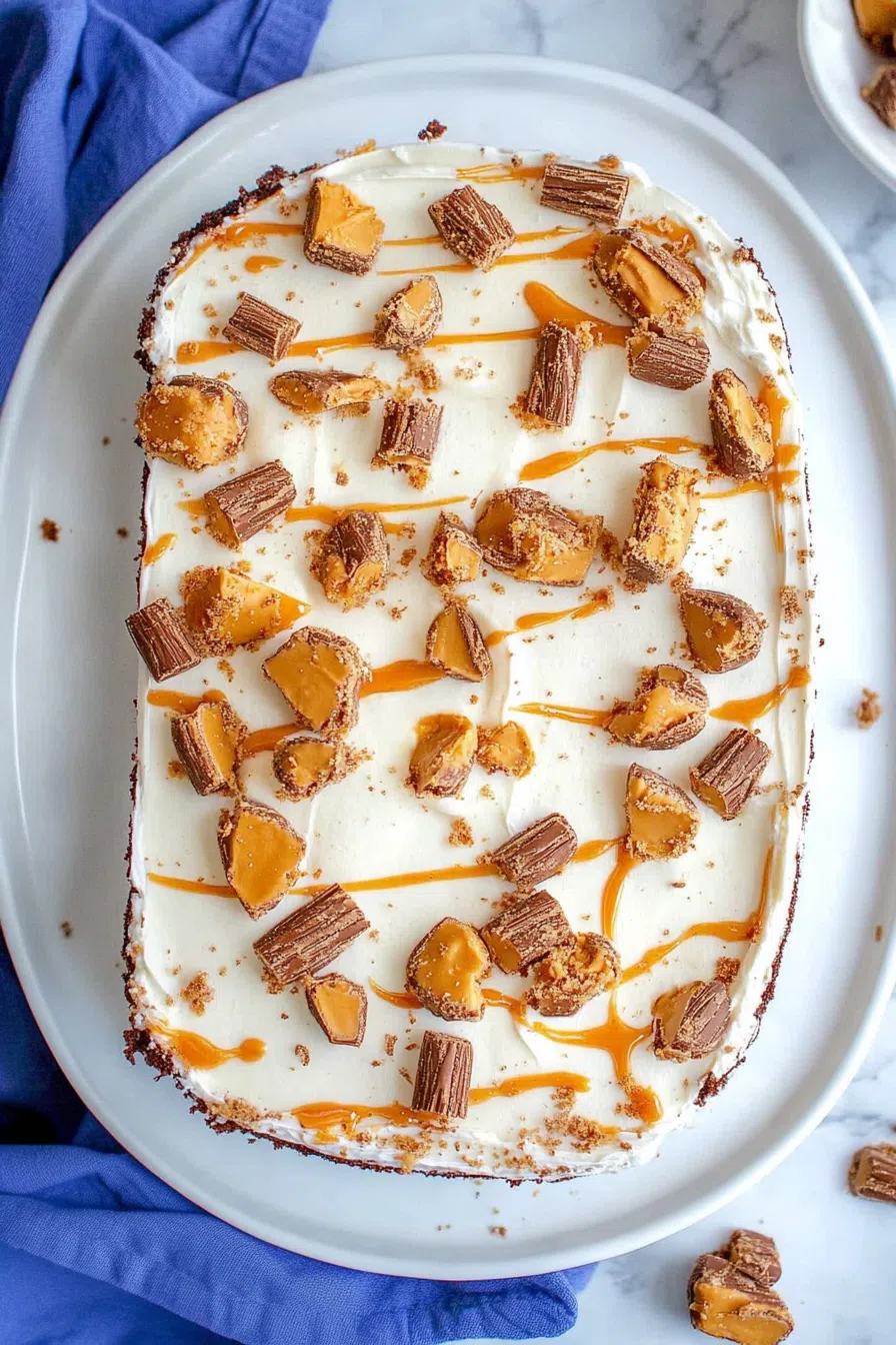 Close-up of a moist cake with a chocolate glaze and candy crumble.