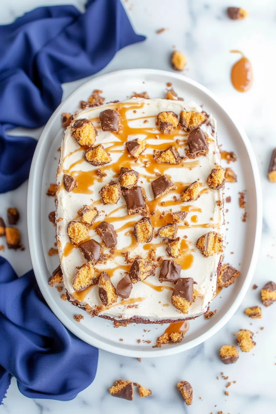 Decadent treat with creamy layers and caramel swirls, styled for presentation.