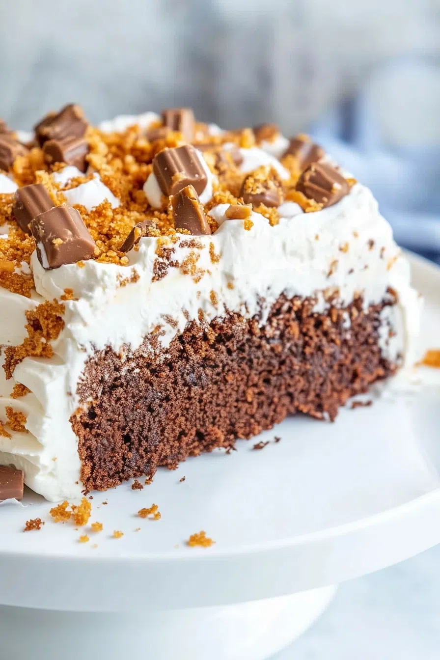 Butterfinger cake sliced and ready to serve, topped with crushed bars and whipped topping.
