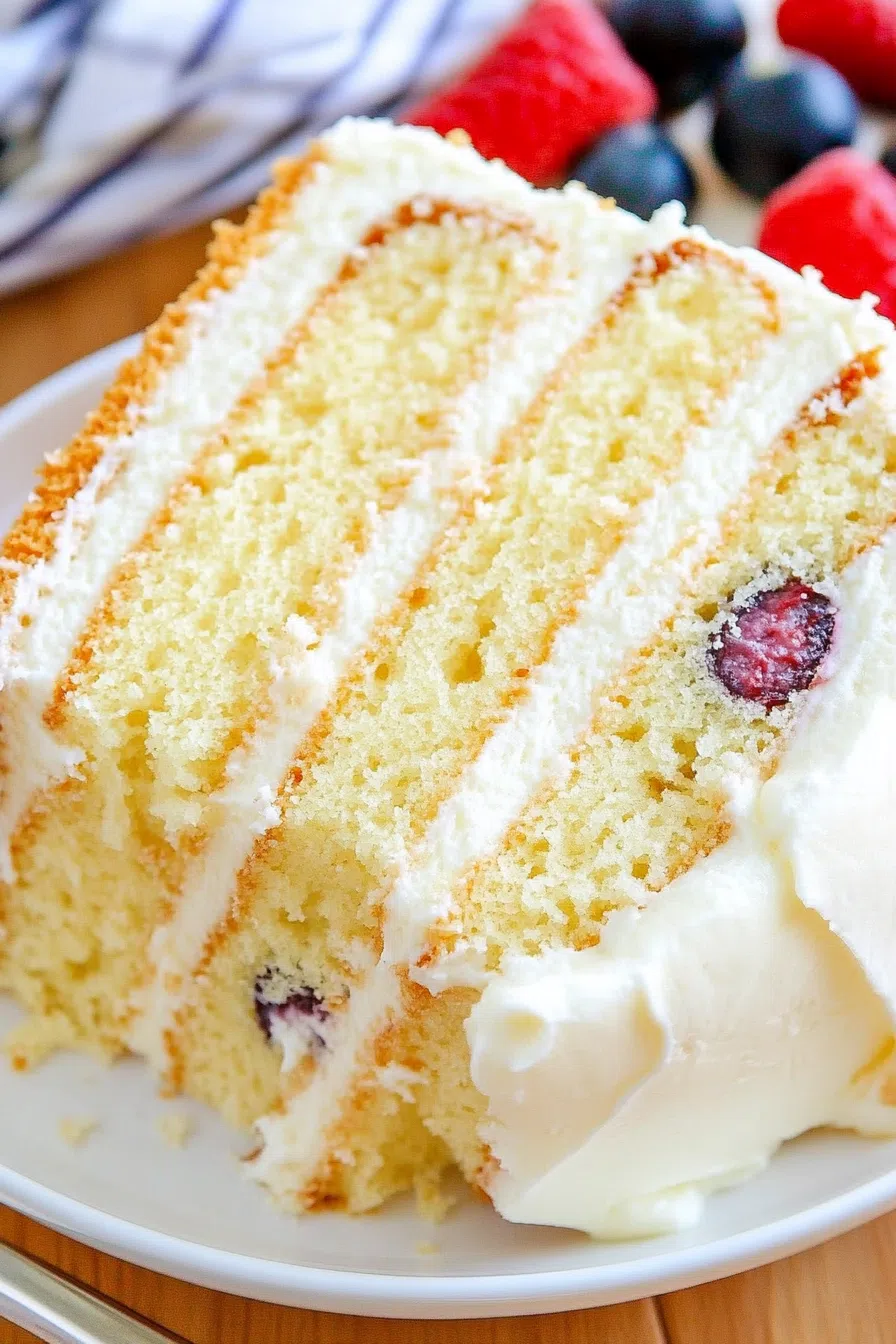 Close-up of a slice revealing tender layers and vibrant fruit filling