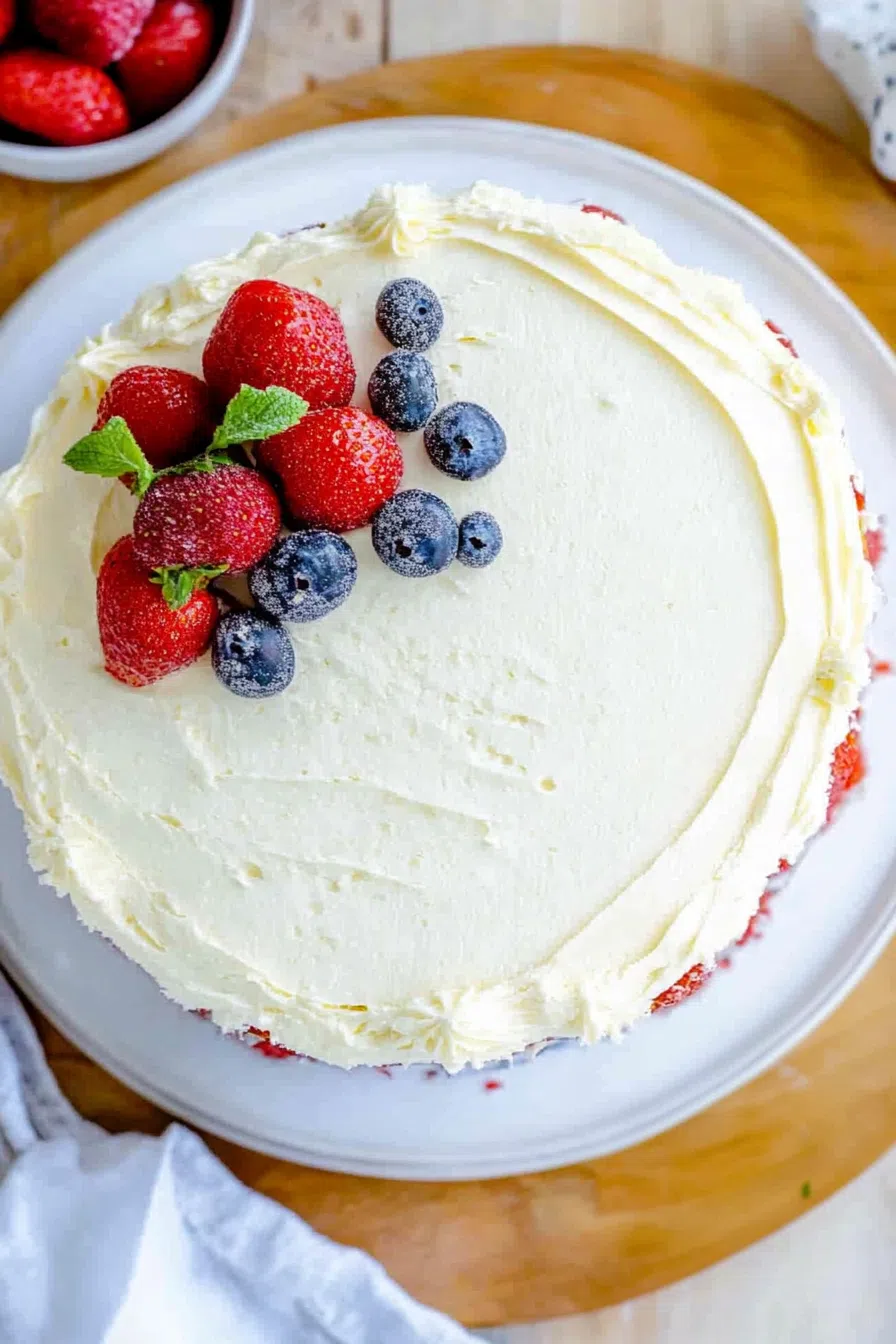 Decorative dessert with whipped topping and colorful berry accents, ready to serve