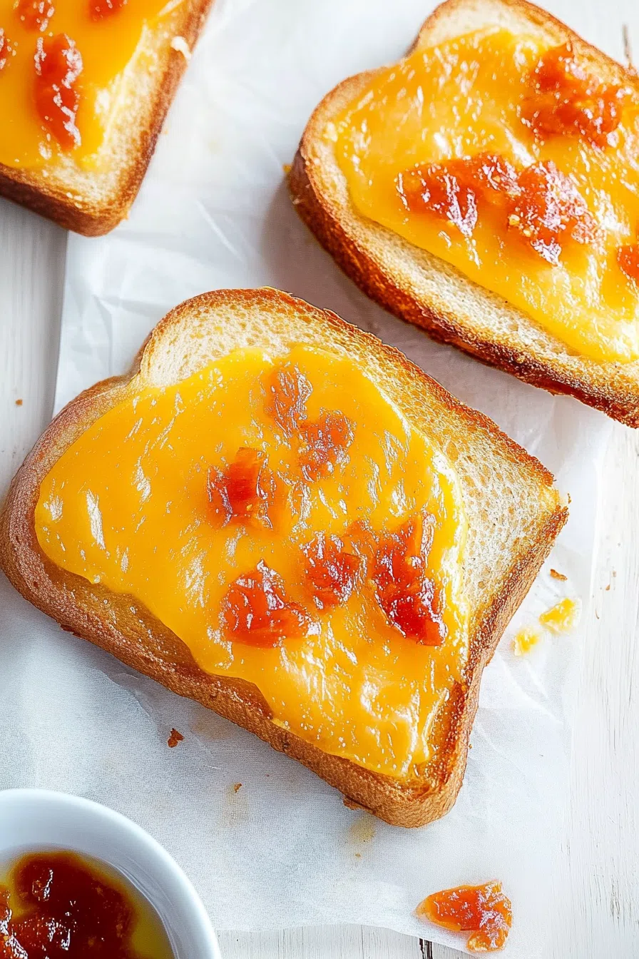 Melted cheese dripping over toasted bread, captured with warm, natural lighting.