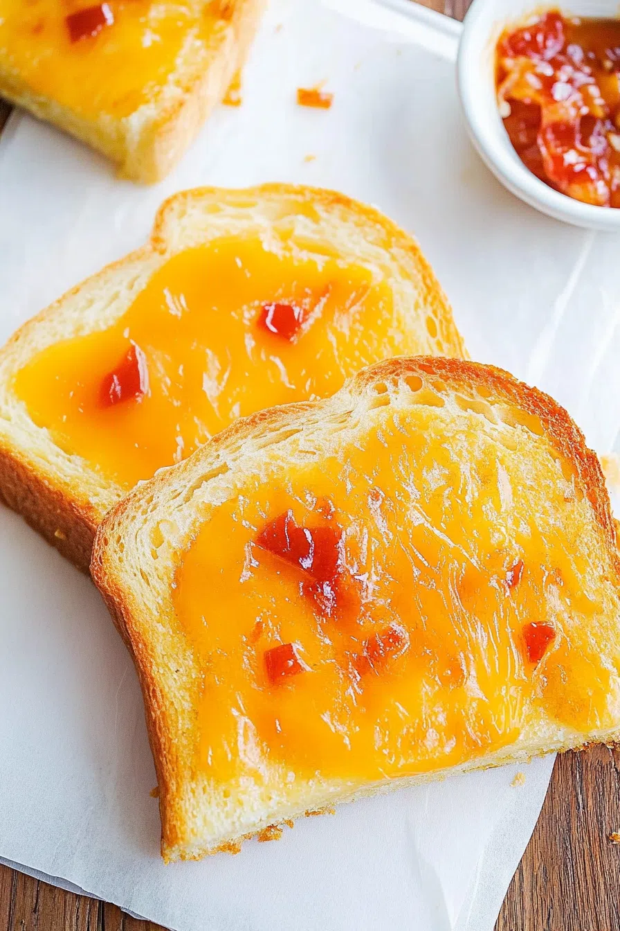 Close-up of golden, bubbly toast with melted cheese on top, fresh out of the oven.
