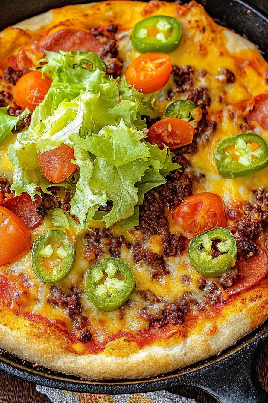 Hot, oven-fresh dish with melted layers and a drizzle of sauce, ready to serve