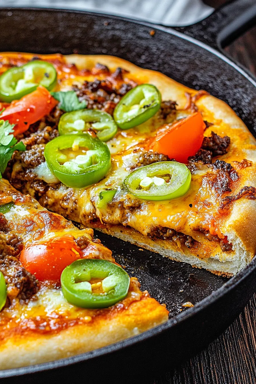 Golden, bubbly dish topped with melted cheese, diced pickles, and browned meat