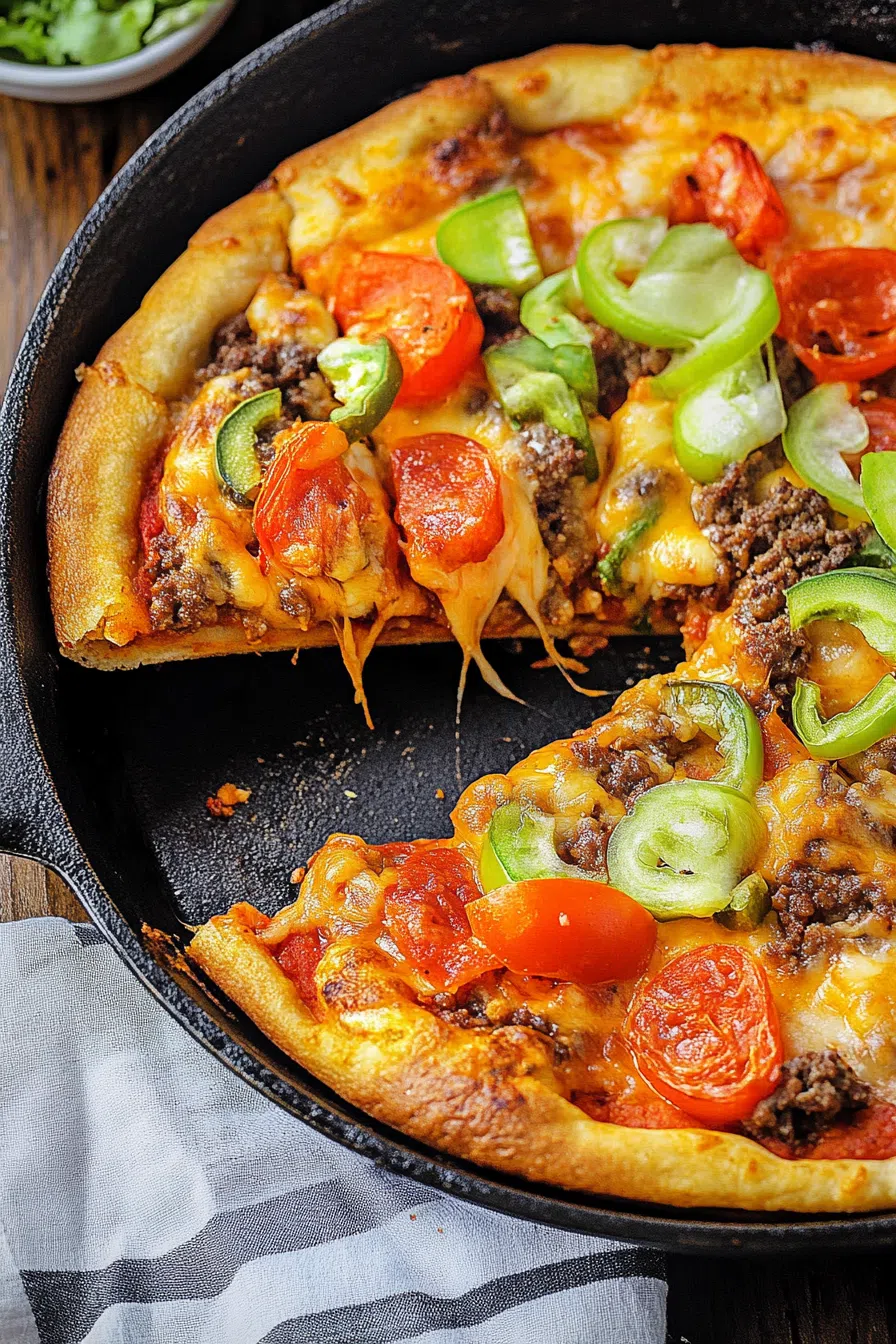 Overhead view of a loaded one-pan dish with gooey cheese and colorful garnishes