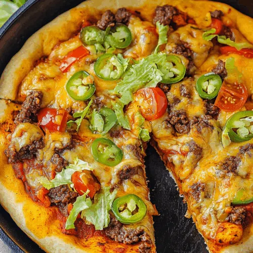 Overhead view of a savory skillet filled with bubbling cheese and crispy edges