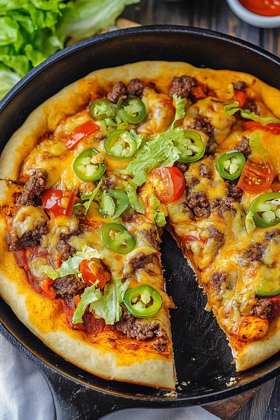 Overhead view of a savory skillet filled with bubbling cheese and crispy edges