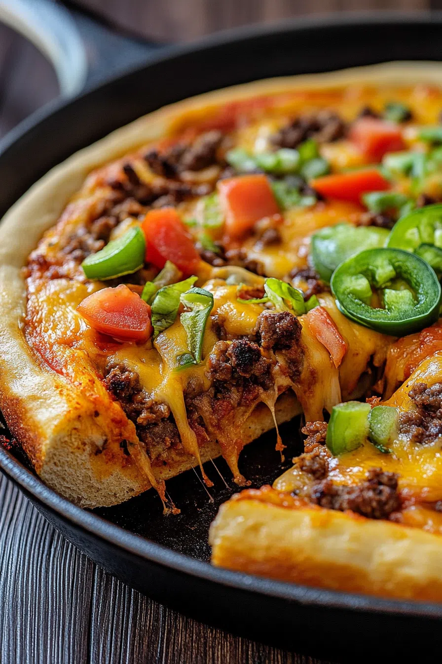 Close-up of a hearty skillet meal with a crispy crust and savory toppings