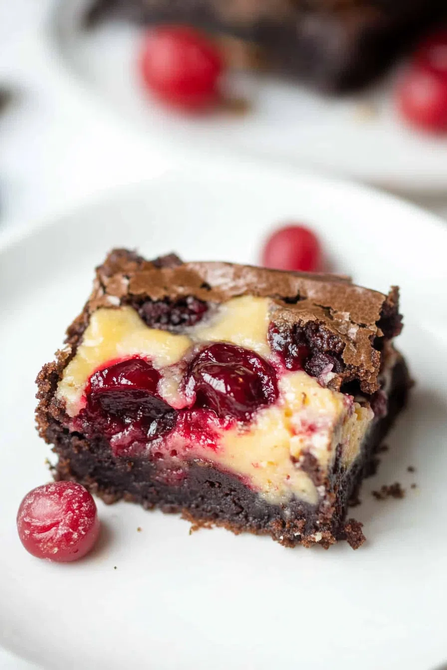 Close-up of decadent dessert slice with ruby-red cherry accent.