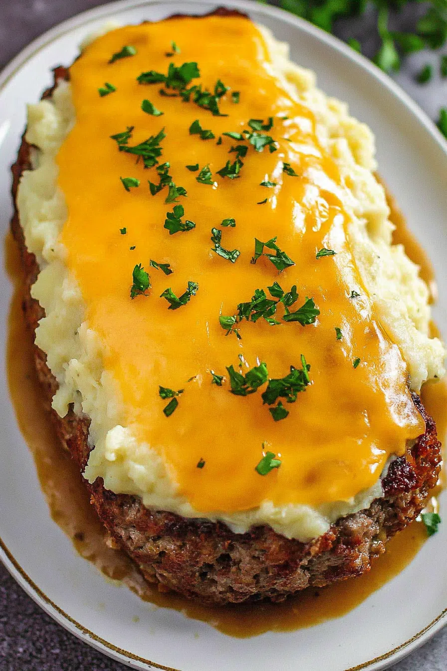 Layered dinner bake topped with golden, melted cheese and a sprinkle of fresh herbs.