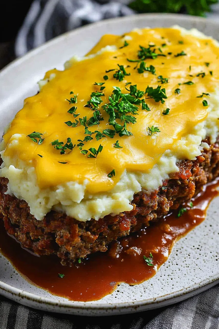 Cheesy mashed potato meatloaf bake fresh from the oven, ready to slice.