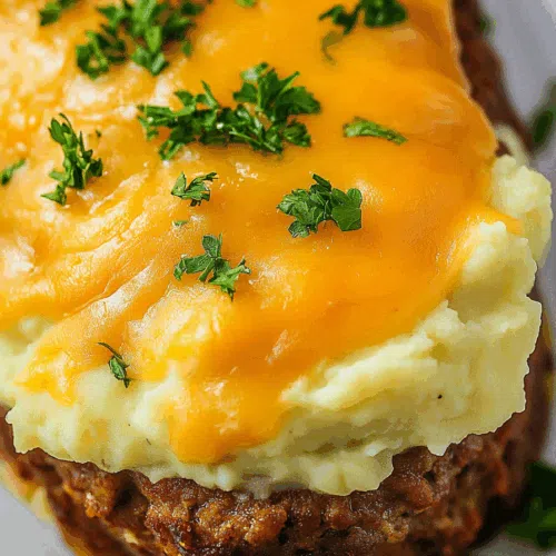 Close-up of creamy mashed potatoes over a savory meat mixture, fresh from the oven.