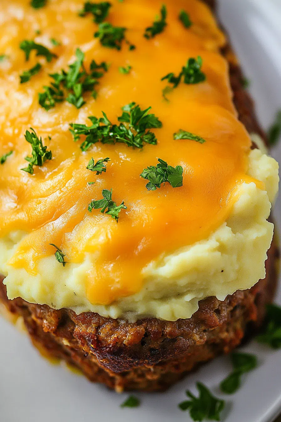 Close-up of creamy mashed potatoes over a savory meat mixture, fresh from the oven.