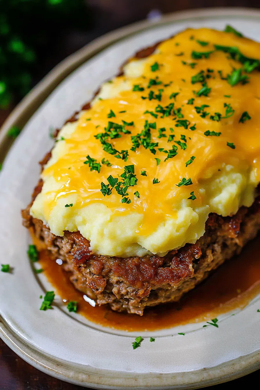 Baked casserole with a golden cheesy crust and creamy mashed potato topping.