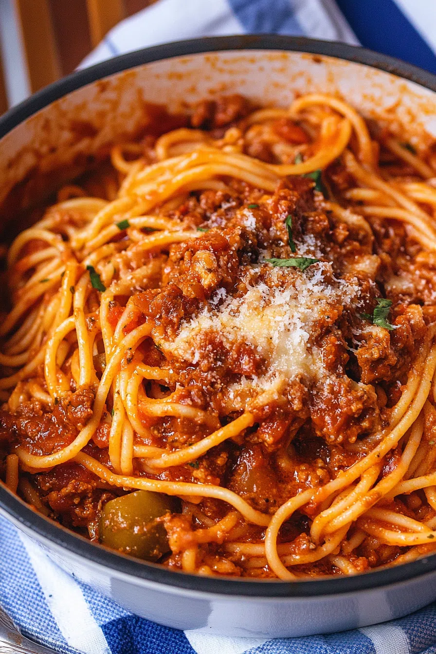 Cheesy baked pasta with golden edges served hot in a casserole-style pan.