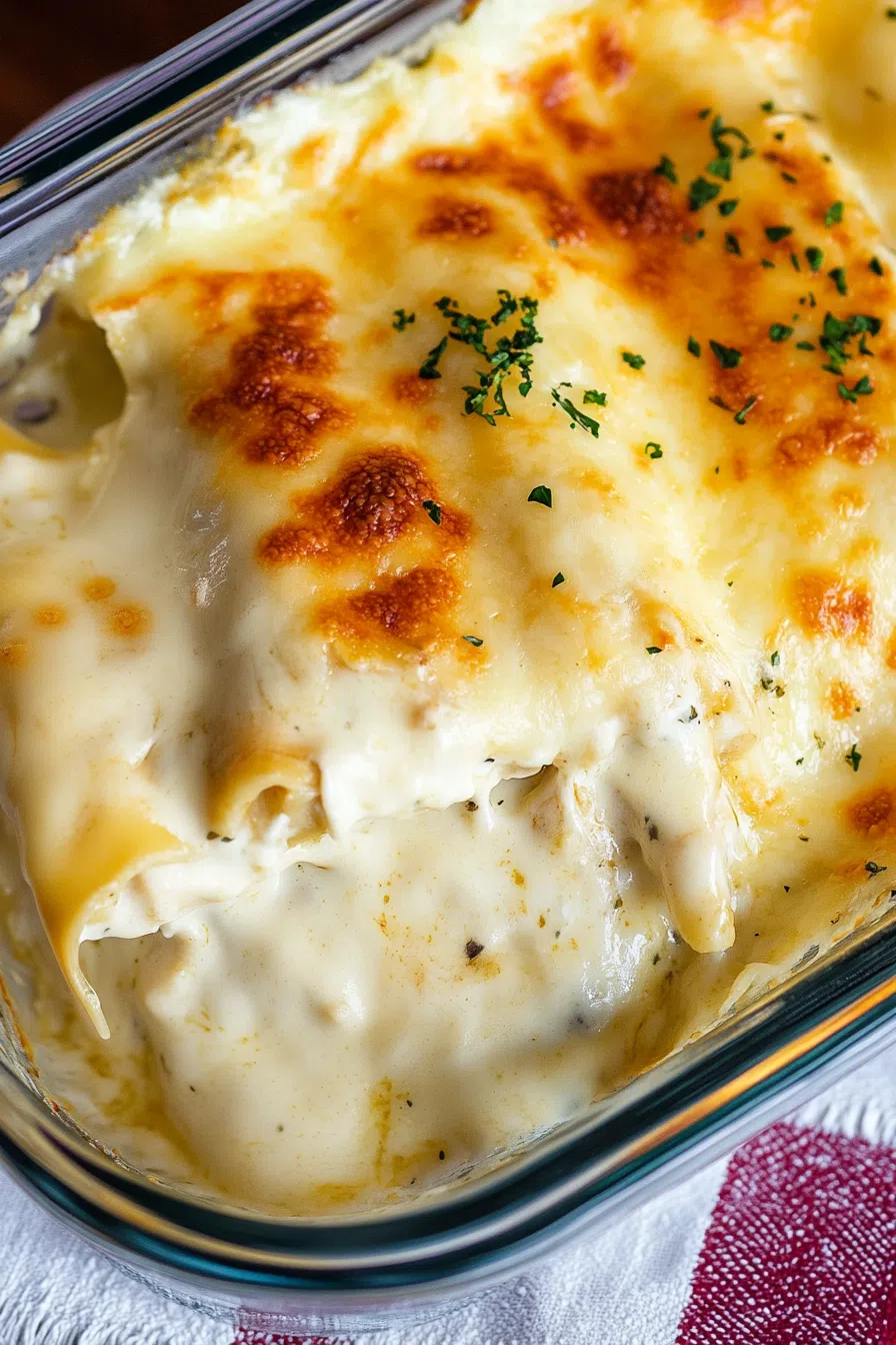 Close-up of manicotti tubes filled with chicken and covered in rich Alfredo sauce.