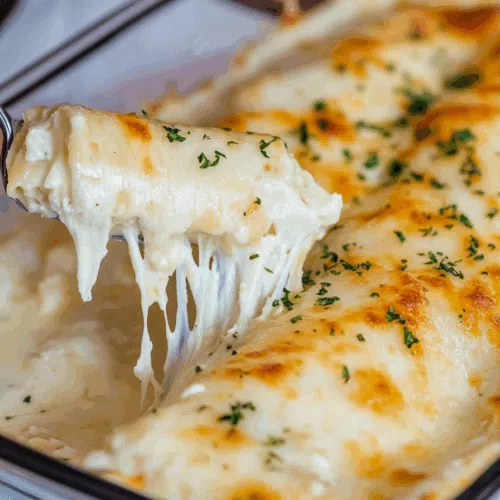 Fork lifting a portion of cheesy, sauce-covered pasta from a serving dish.