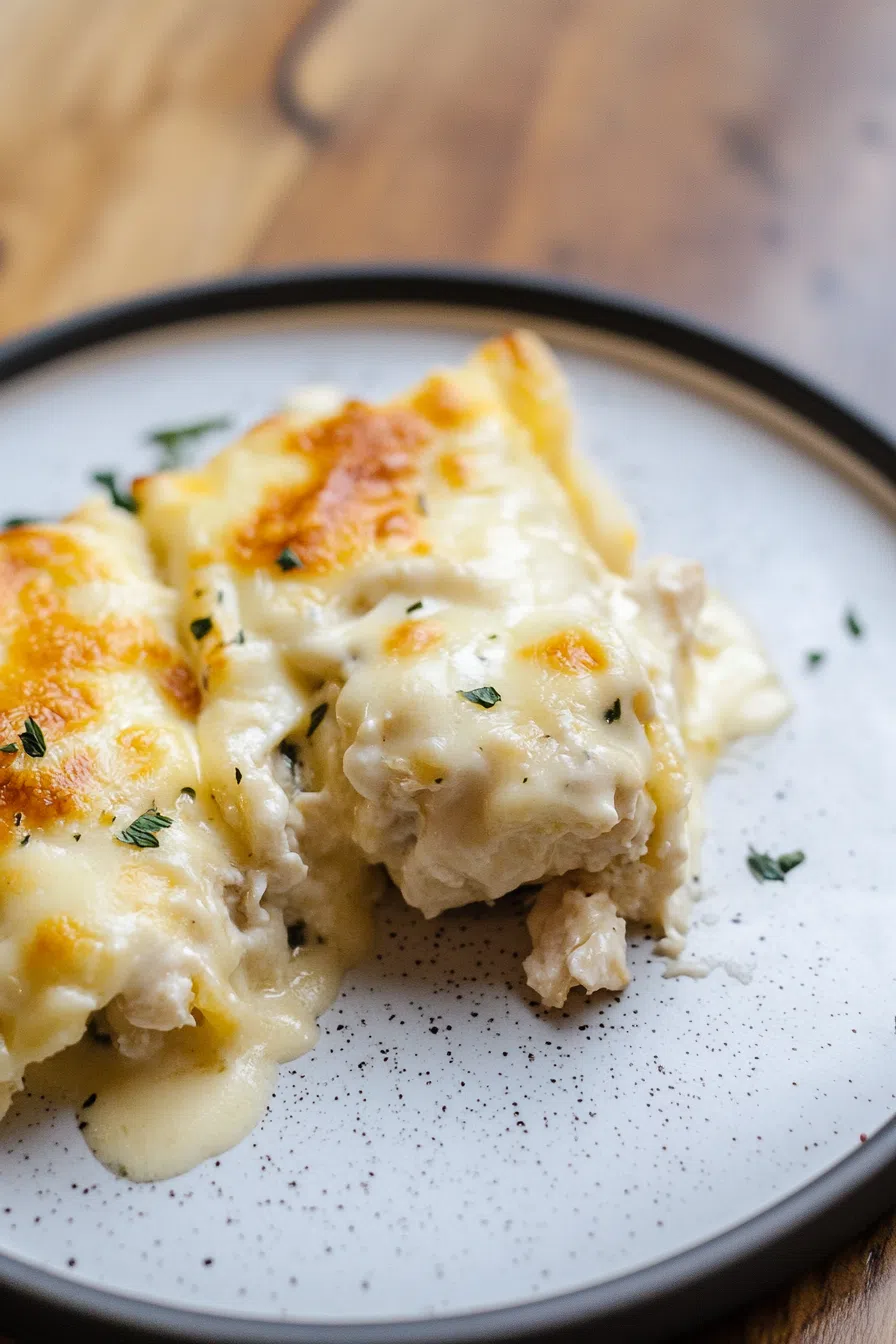 A hearty serving of manicotti pasta stuffed with creamy filling, topped with melted cheese.