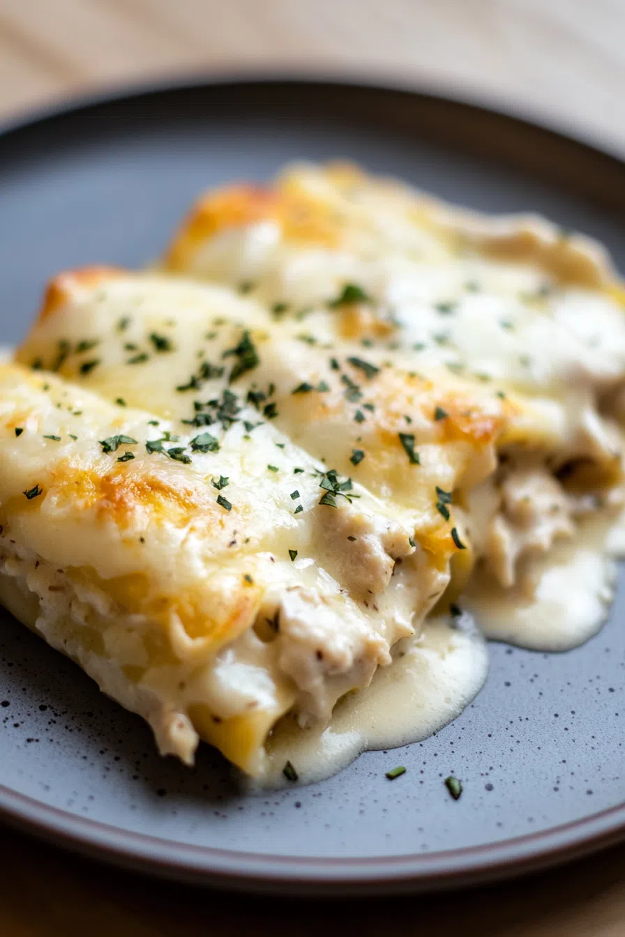 Crispy edges of manicotti stuffed with chicken and smothered in Alfredo sauce, plated elegantly.