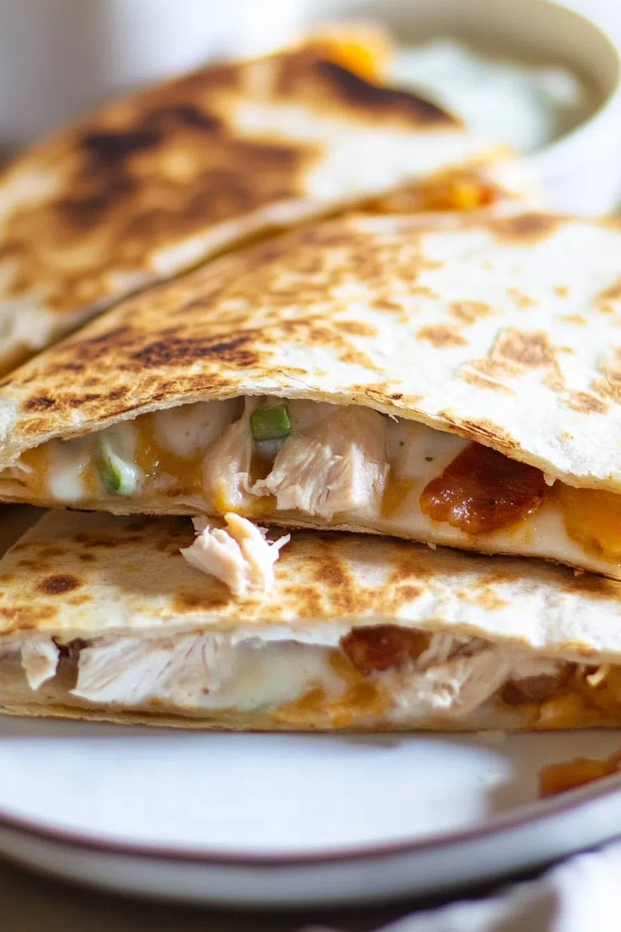 A crispy, folded tortilla cut into quarters and served with a dipping sauce.