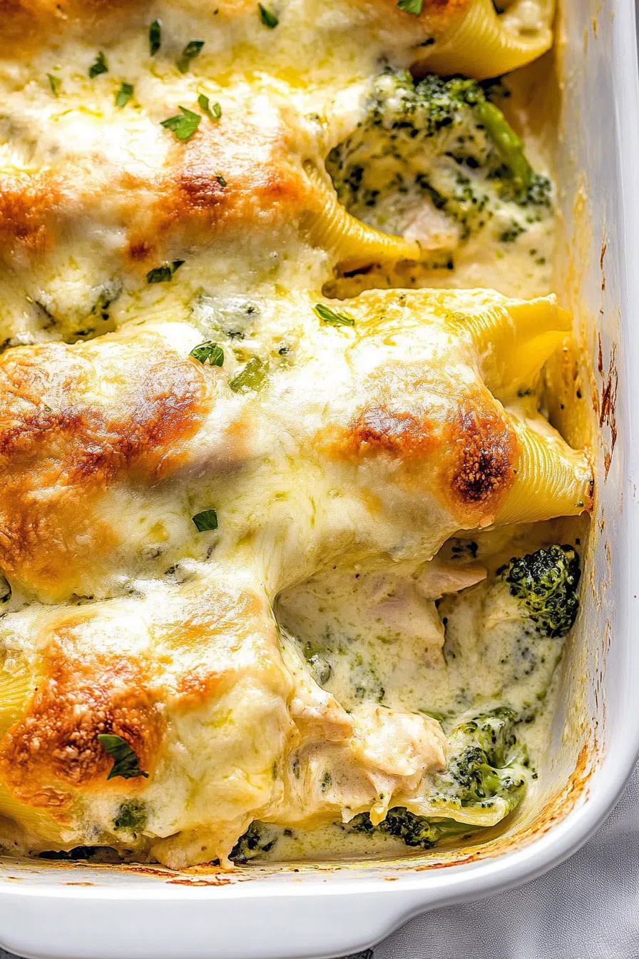 Close-up of stuffed pasta in a white sauce with bits of green vegetables and chicken