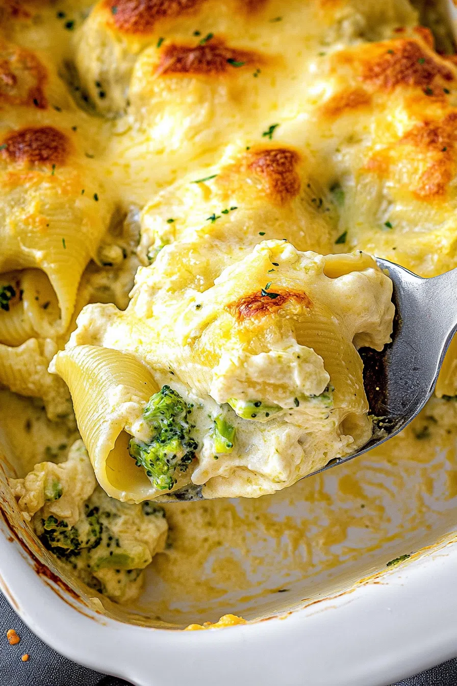 Overhead view of a cheesy, baked dish garnished with herbs and served in a casserole dish