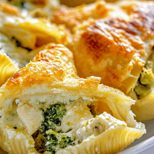 Creamy pasta bake with melted cheese bubbling over stuffed shells