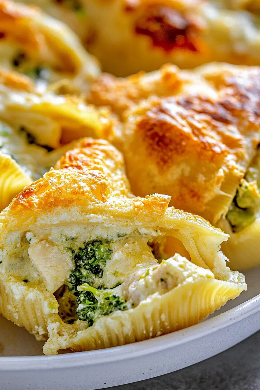 Creamy pasta bake with melted cheese bubbling over stuffed shells