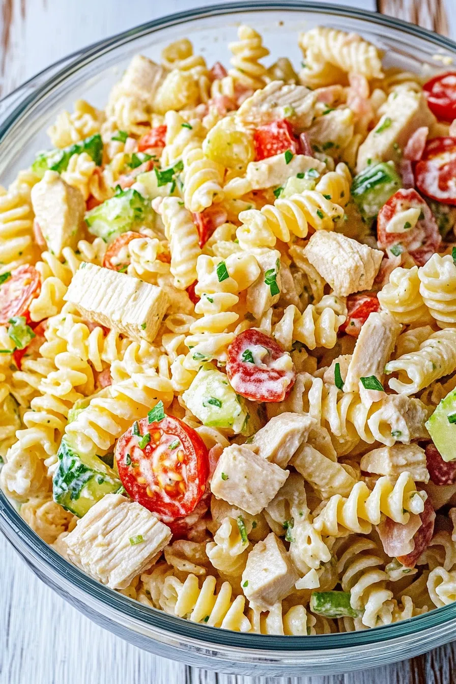 Chicken club pasta salad plated and ready to serve with a sprinkle of herbs on top.