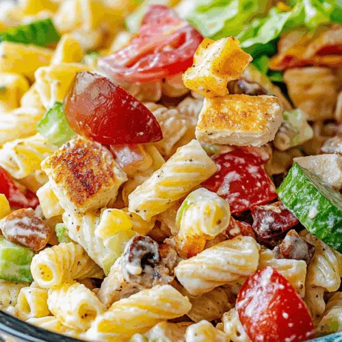 Close-up of a cold salad featuring rotini, diced vegetables, and creamy dressing.