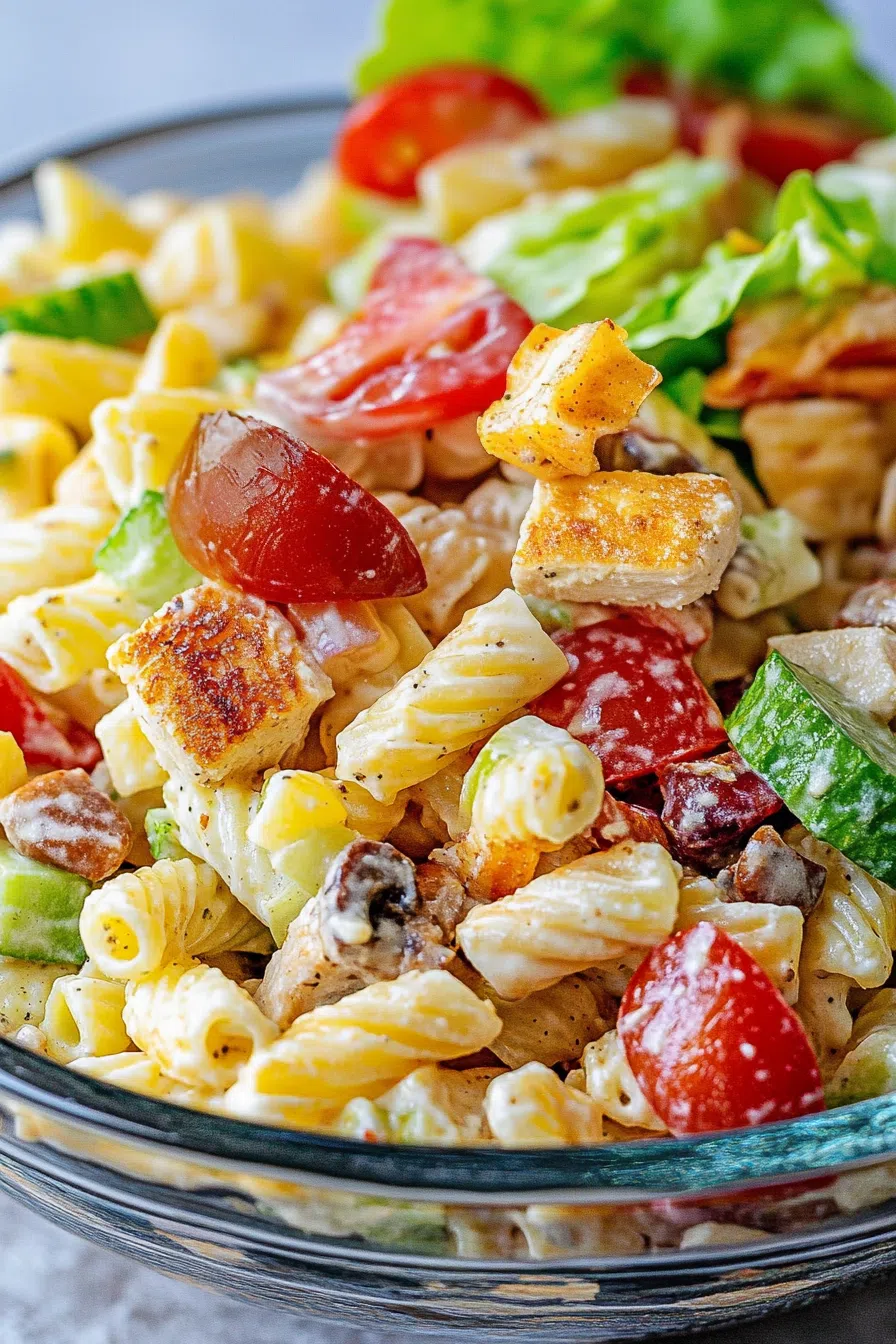 Close-up of a cold salad featuring rotini, diced vegetables, and creamy dressing.