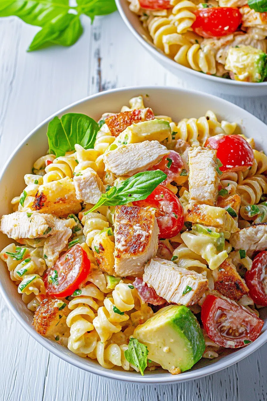 Hearty bowl of pasta salad with layers of texture from bacon, cheese, and avocado.