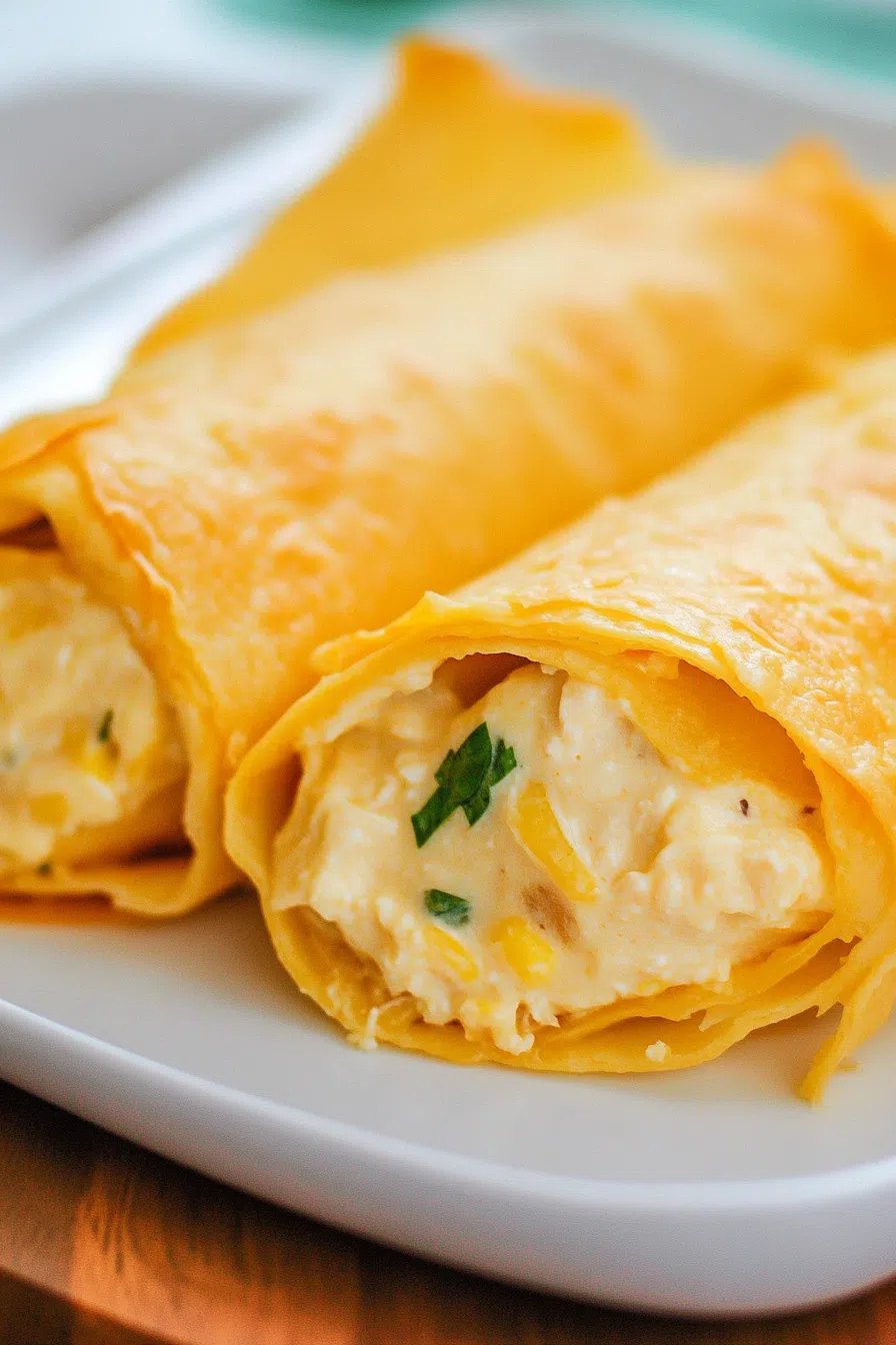 Close-up of a hand holding a taco filled with creamy chicken mixture and garnished with green onions.