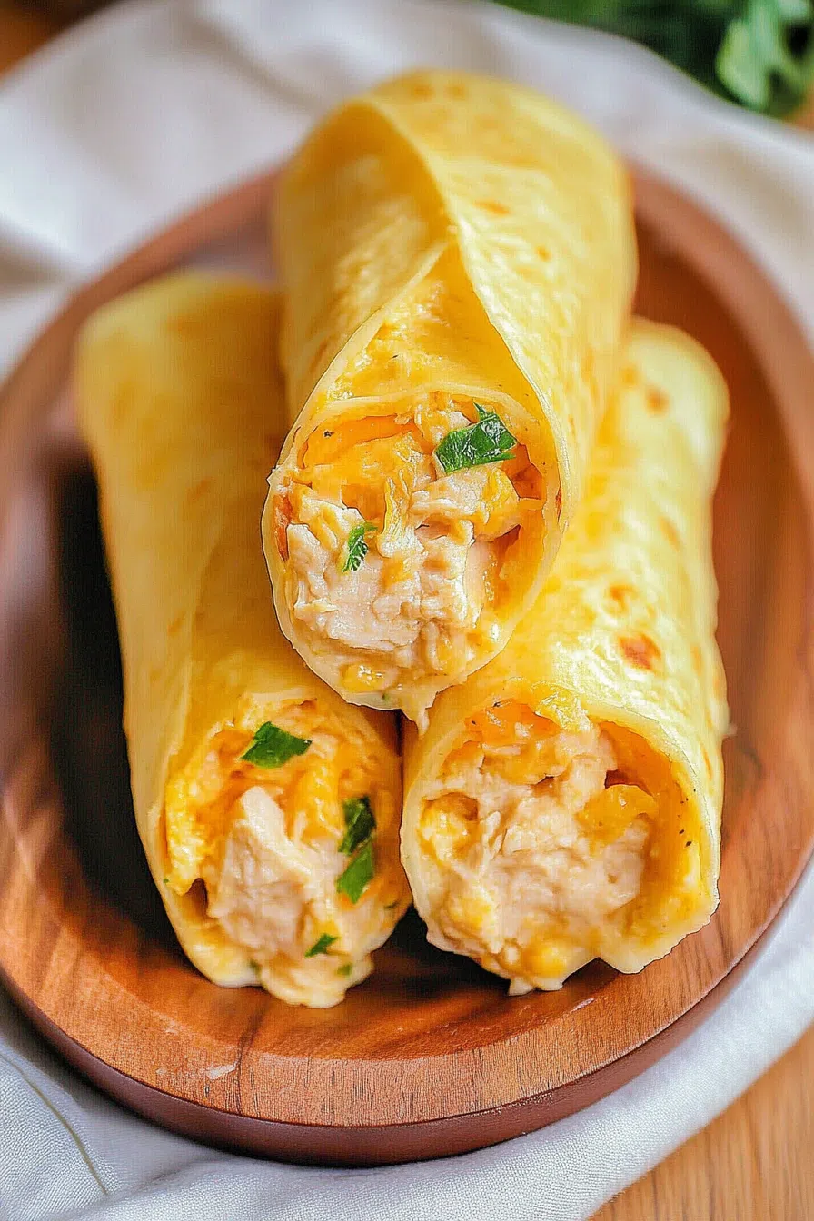 Tray of golden, crispy tacos with creamy filling peeking out from the edges.