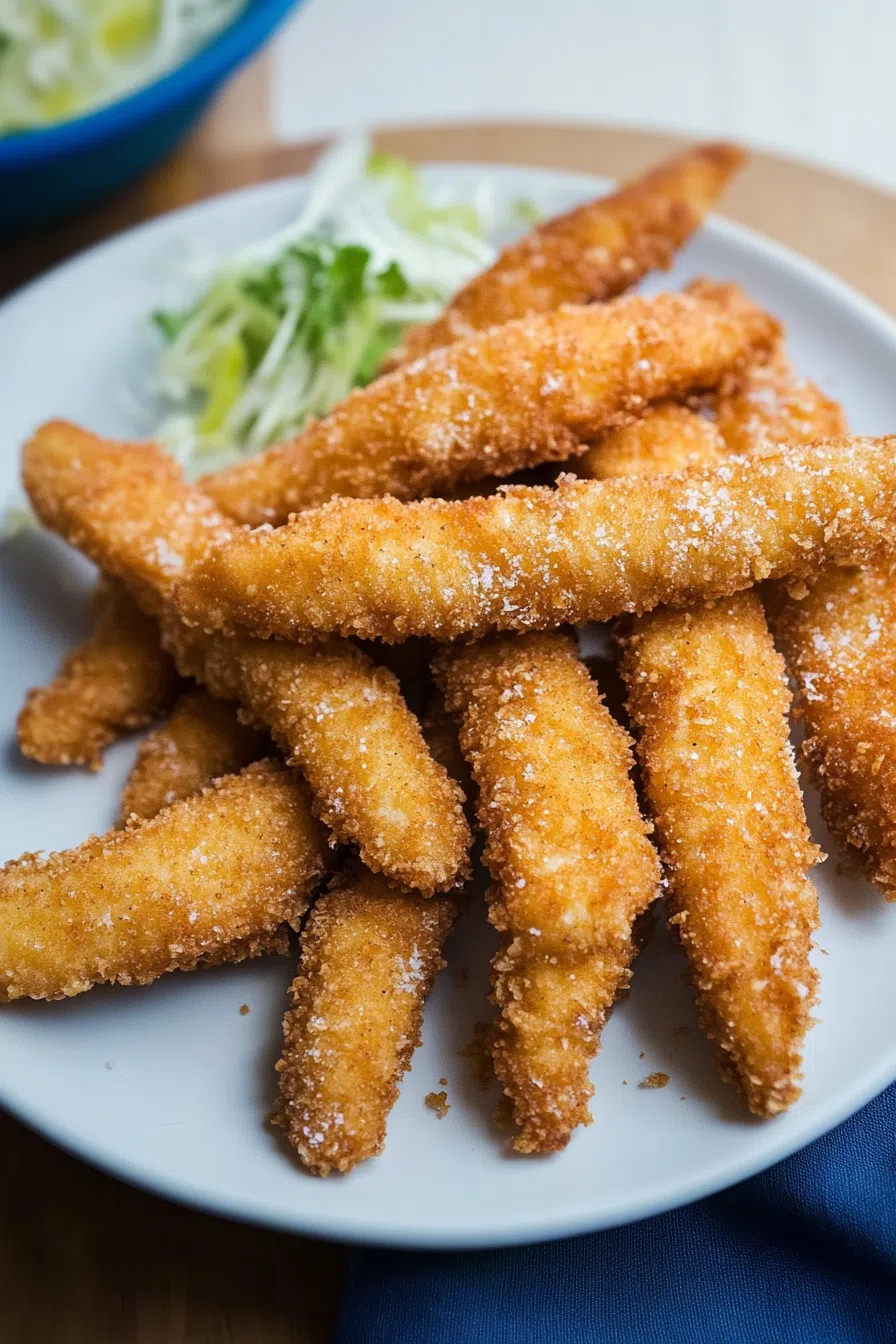 Golden, crispy breaded strips arranged neatly on a serving plate.
