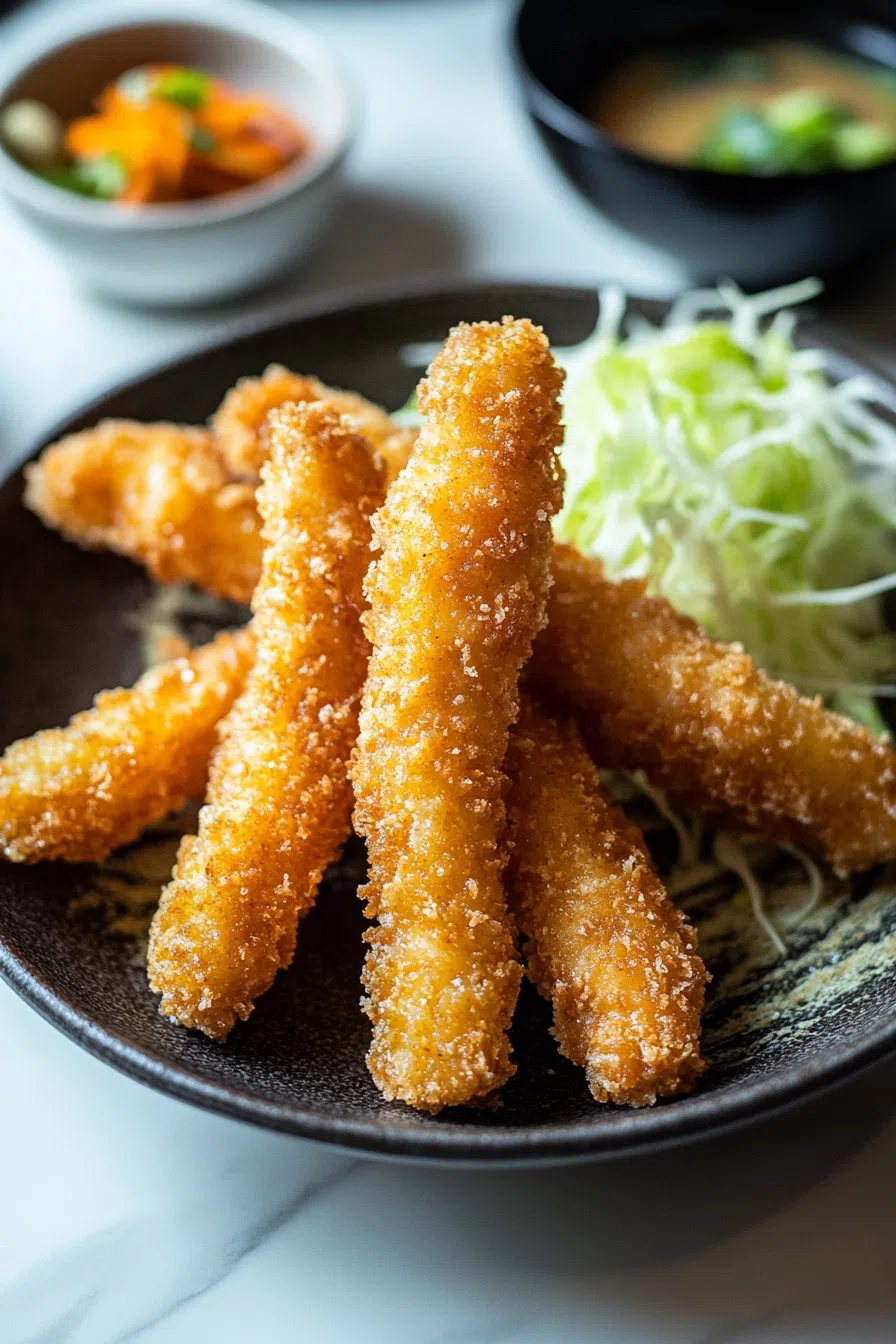 Crisp-coated protein served with a small bowl of dipping sauce.